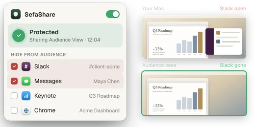 Hide-from-audience list with Slack and Messages ticked